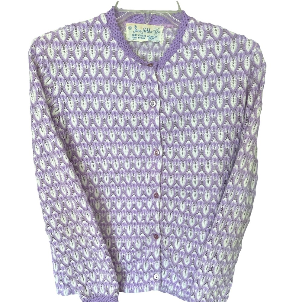 Vintage Jane Fields cardigan lavender white pattern knit sweater button-up 40/ M